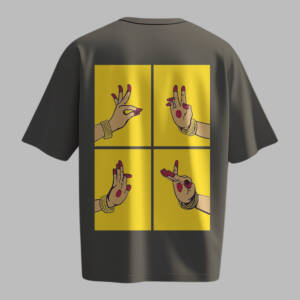 Oversized Mudra Art T-Shirt with Indian Classical Hand Gestures – Yellow and Grey Streetwear Tee.