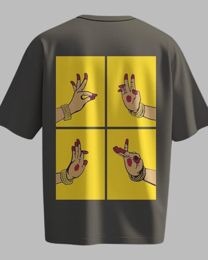 Oversized Mudra Art T-Shirt with Indian Classical Hand Gestures – Yellow and Grey Streetwear Tee.