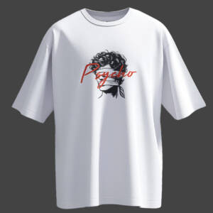 White Terry Cotton oversized t-shirt with “Psycho” graphic design, featuring a black sketch illustration and bold red typography.