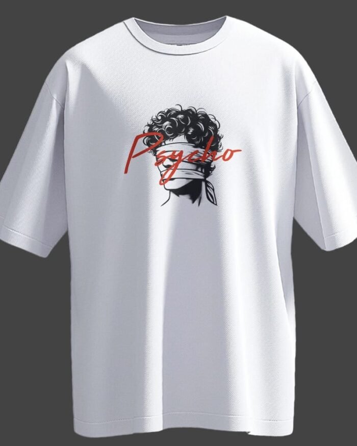 White Terry Cotton oversized t-shirt with “Psycho” graphic design, featuring a black sketch illustration and bold red typography.