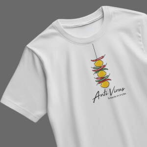 Anti Virus Unisex T-Shirt in white featuring a colorful nimbu-mirchi (lemon and chili) design with "Made in India" text.