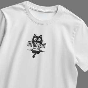 A women's white t-shirt featuring a cute black cat graphic and the text "Introvert Since 2000." Perfect for introverts and cat lovers seeking stylish and comfortable casual wear.