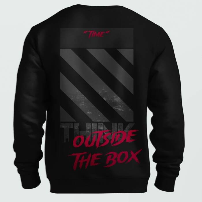 Black unisex sweatshirt with "TIME" typography and "Think Outside the Box" design in red and black.