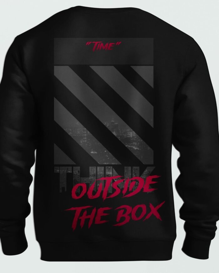 Black unisex sweatshirt with "TIME" typography and "Think Outside the Box" design in red and black.
