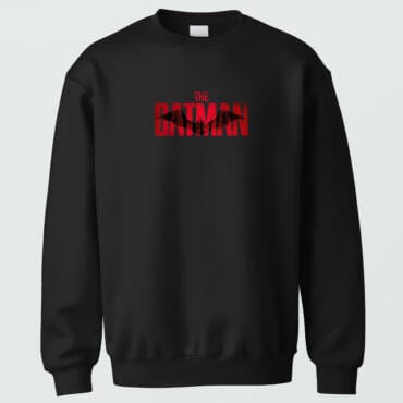 Black unisex sweatshirt with bold red superhero-inspired typography.