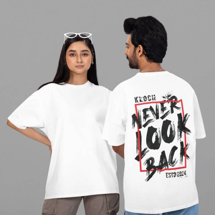 Kloch "Never Look Back" t-shirt with bold brush-stroke typography and red frame design.
