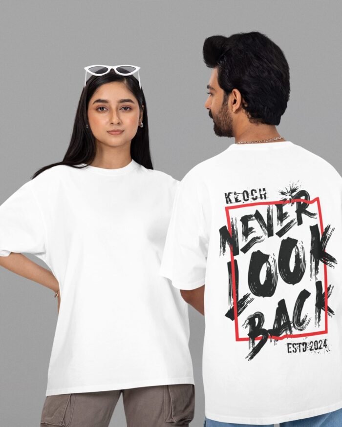 Kloch "Never Look Back" t-shirt with bold brush-stroke typography and red frame design.