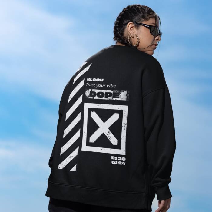 Kloch DOPE Sweatshirt with grunge-style prints, diagonal stripes, and "Trust Your Vibe" branding.