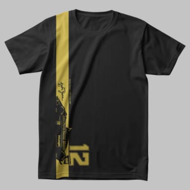 Black Unisex Ayrton Senna Tribute T-Shirt with Yellow Racing Stripe, Signature, and Number 12 – Formula 1 Inspired Design