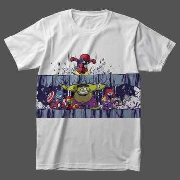White Unisex Chibi Superhero T-Shirt with Comic-Style Panel Design, Featuring Cute & Action-Packed Superheroes