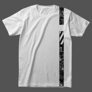 Minimalist White Unisex T-Shirt with Black Graphic Print, featuring Floral Line Art, Japanese Typography, and Modern Stripe Design