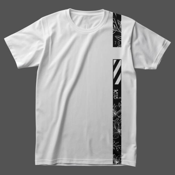Minimalist White Unisex T-Shirt with Black Graphic Print, featuring Floral Line Art, Japanese Typography, and Modern Stripe Design