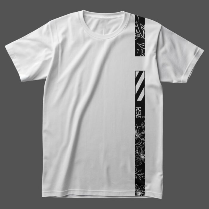 Minimalist White Unisex T-Shirt with Black Graphic Print, featuring Floral Line Art, Japanese Typography, and Modern Stripe Design