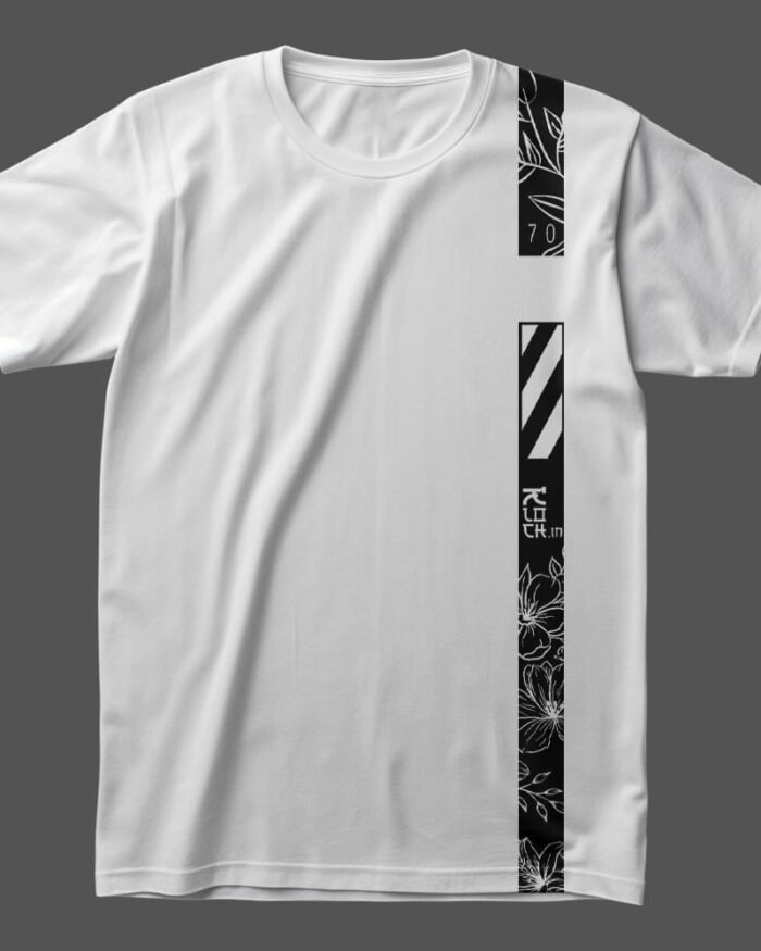 Minimalist White Unisex T-Shirt with Black Graphic Print, featuring Floral Line Art, Japanese Typography, and Modern Stripe Design