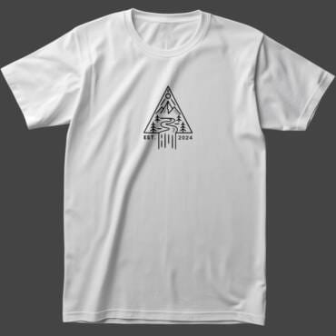 White t-shirt with a black minimalist geometric wilderness graphic featuring mountains, trees, a river, and "EST. 2024". A perfect nature-inspired tee for adventure lovers.