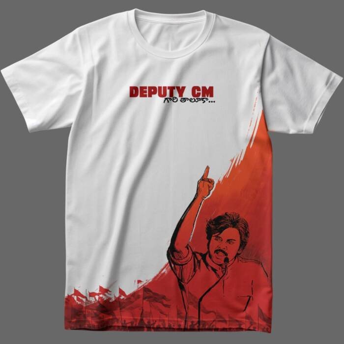 JanaSena Formation Day Exclusive Deputy CM Graphic T-Shirt featuring Pawan Kalyan in a powerful pose with red and white design.