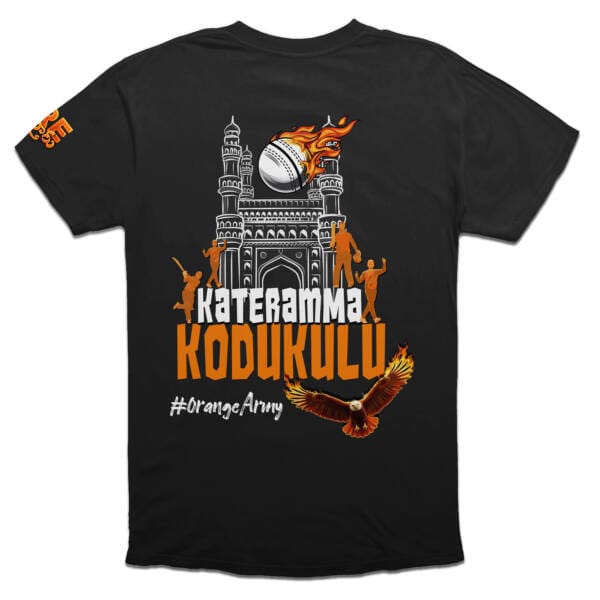 Sunrisers Hyderabad IPL 2025 T-Shirt – Black Cotton Tee with 'Ham Hyderabadi' Front Print & 'Kateramma Kodukulu' Charminar Back Design for SRH Fans