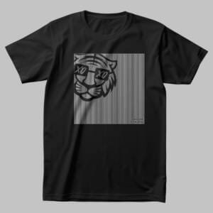 A black oversized t-shirt featuring a glitch-style tiger face with XO eyes, printed on a fine-line gradient background. A Kloch Exclusive streetwear essential.
