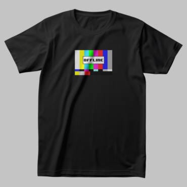 A black oversized t-shirt featuring a TV test pattern glitch design with the word "OFFLINE" in the center. A Kloch Exclusive retro-style streetwear piece.