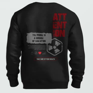 Black oversized sweatshirt with radiation warning graphic and health safety message – “The Phone is a Source of Radiation” design by Kloch