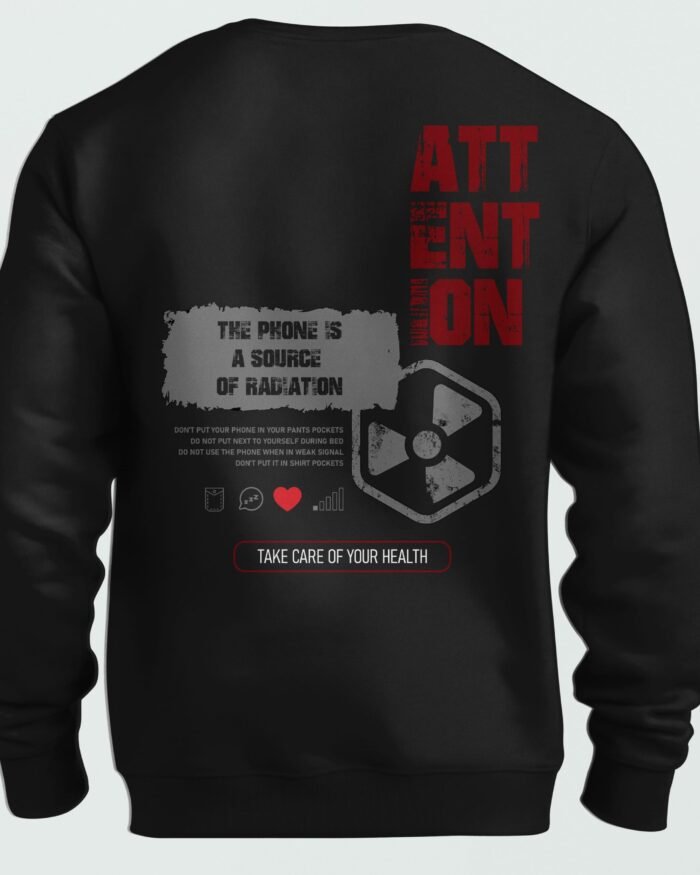Black oversized sweatshirt with radiation warning graphic and health safety message – “The Phone is a Source of Radiation” design by Kloch