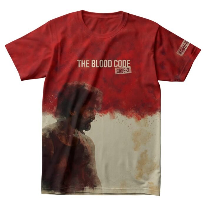 Full-print T-shirt in red and beige with an intense illustration of Nani from HIT 3 and bold text “The Blood Code: Case 3” on the chest.