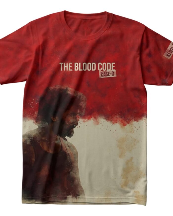 Full-print T-shirt in red and beige with an intense illustration of Nani from HIT 3 and bold text “The Blood Code: Case 3” on the chest.