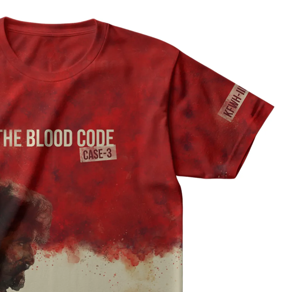 Full-print T-shirt in red and beige with an intense illustration of Nani from HIT 3 and bold text “The Blood Code: Case 3” on the chest.