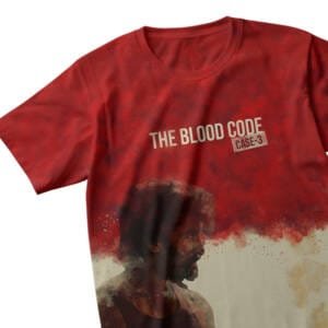 Full-print T-shirt in red and beige with an intense illustration of Nani from HIT 3 and bold text “The Blood Code: Case 3” on the chest.