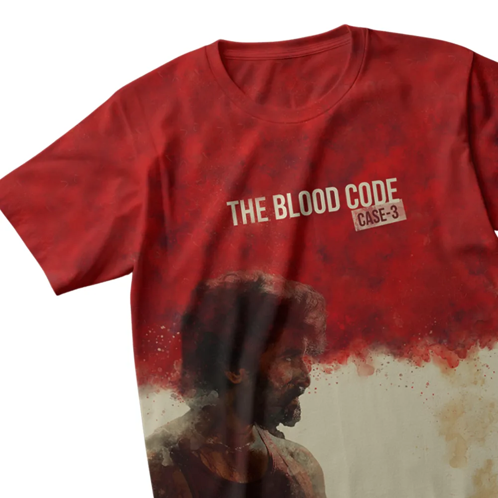 Full-print T-shirt in red and beige with an intense illustration of Nani from HIT 3 and bold text “The Blood Code: Case 3” on the chest.