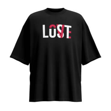 Black oversized unisex T-shirt with “Love Lust Lost” abstract typography design in red and white.