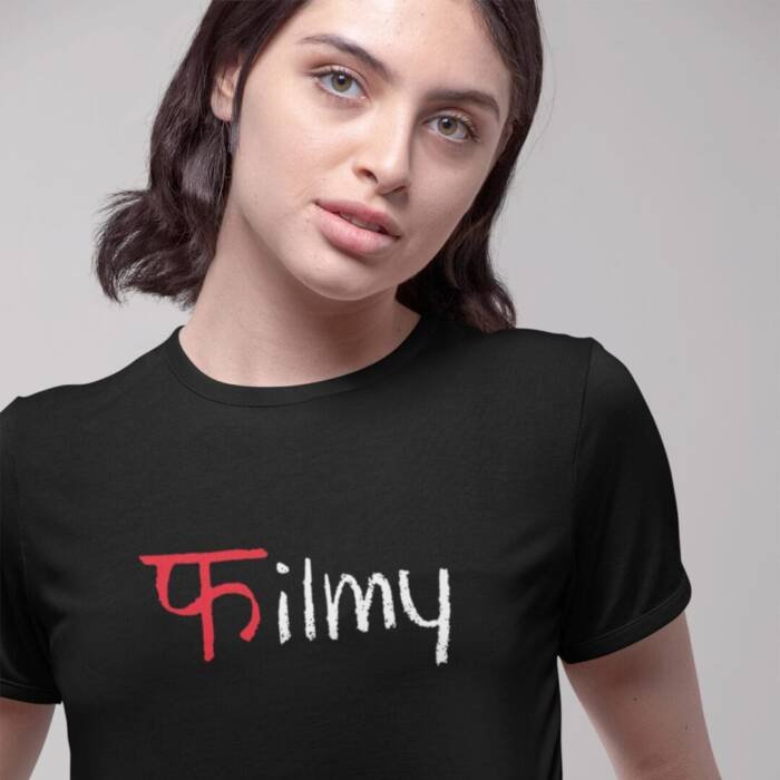 Woman wearing black “Filmy” crop top with Hindi-English print – cotton Bollywood-style tee by Kloch