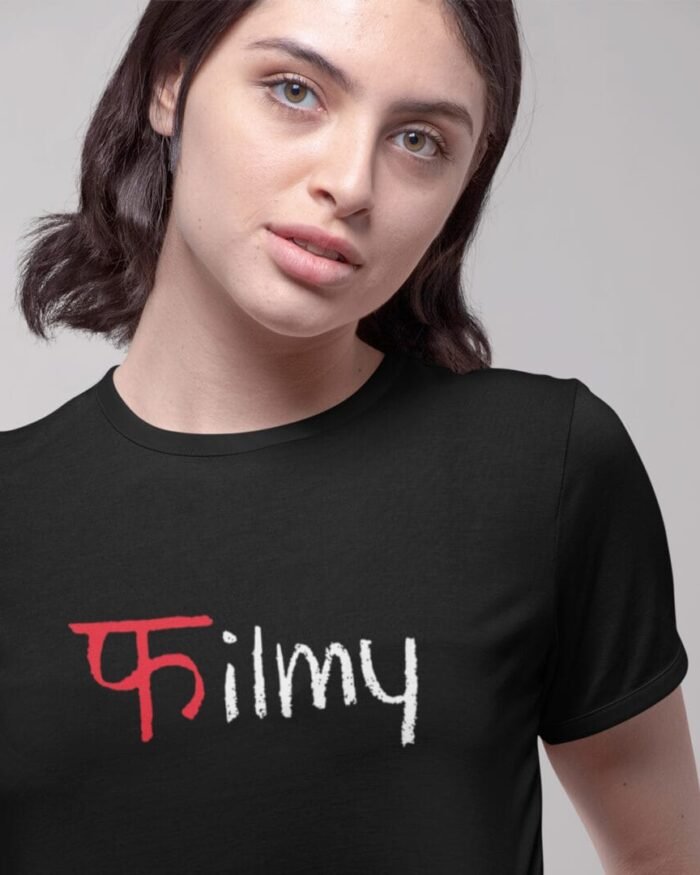 Woman wearing black “Filmy” crop top with Hindi-English print – cotton Bollywood-style tee by Kloch
