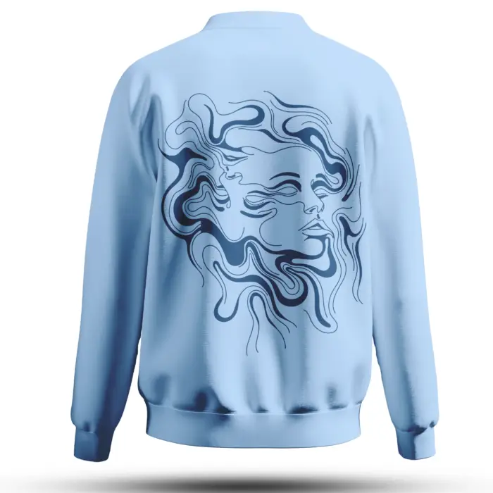 Back View of Sky Blue Sweatshirt with Fluid Muse Abstract Face Graphic – Kloch Apparel