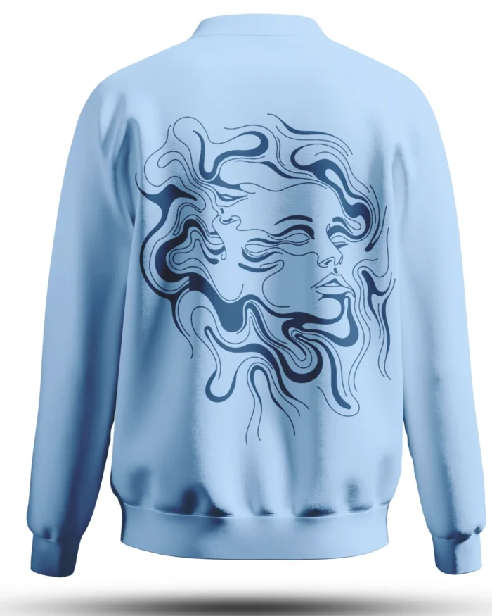Back View of Sky Blue Sweatshirt with Fluid Muse Abstract Face Graphic – Kloch Apparel