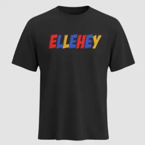 Black t-shirt with colorful Telugu slang text “ELLEHEY” in red, blue, and yellow – bold and playful streetwear design by KLOCH.