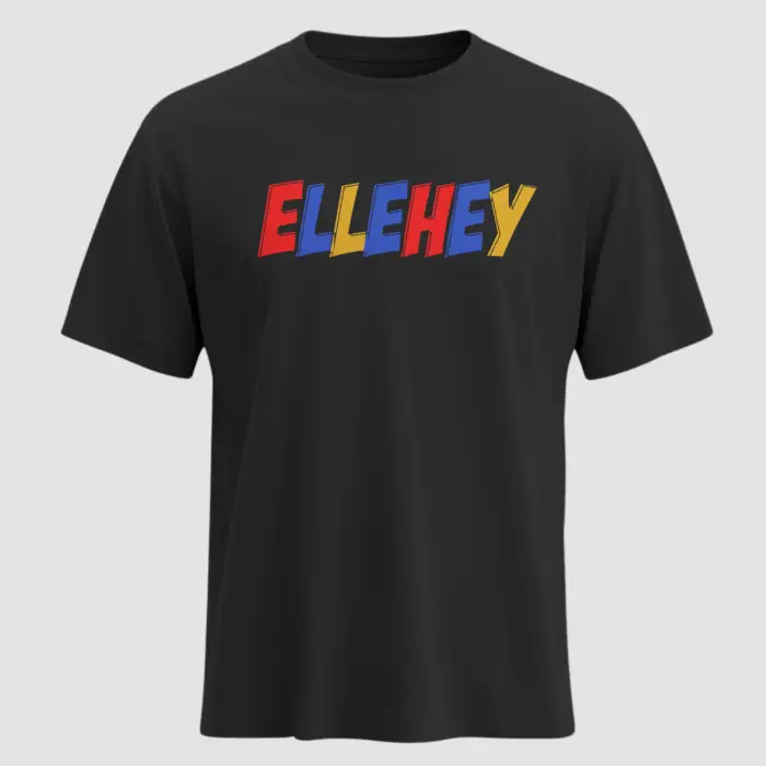 Black t-shirt with colorful Telugu slang text “ELLEHEY” in red, blue, and yellow – bold and playful streetwear design by KLOCH.
