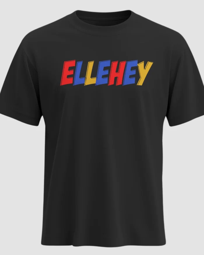 Black t-shirt with colorful Telugu slang text “ELLEHEY” in red, blue, and yellow – bold and playful streetwear design by KLOCH.