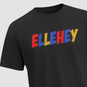 Black t-shirt with colorful Telugu slang text “ELLEHEY” in red, blue, and yellow – bold and playful streetwear design by KLOCH.