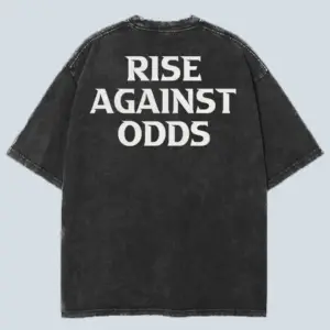 Oversized Acid-Washed Black T-shirt with “Rise Against Odds” Back Print – Kloch Unisex Streetwear Tee