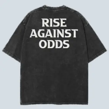 Oversized Acid-Washed Black T-shirt with “Rise Against Odds” Back Print – Kloch Unisex Streetwear Tee