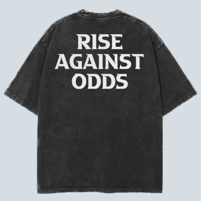 Oversized Acid-Washed Black T-shirt with “Rise Against Odds” Back Print – Kloch Unisex Streetwear Tee