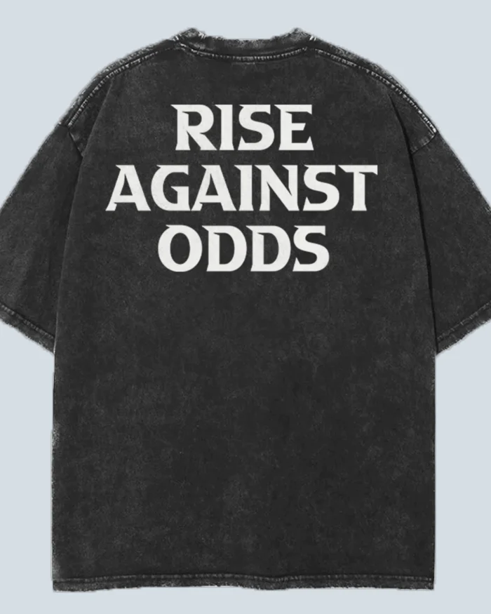 Oversized Acid-Washed Black T-shirt with “Rise Against Odds” Back Print – Kloch Unisex Streetwear Tee
