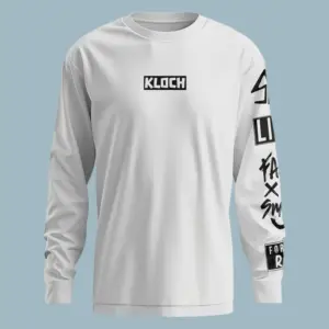 White Unisex Sweatshirt with “KLOCH” Logo and Graphic Sleeve – Front Angle
