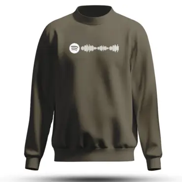 Front view of olive green unisex sweatshirt featuring a white Spotify logo and soundwave print in center – minimalist music-inspired design by Kloch.