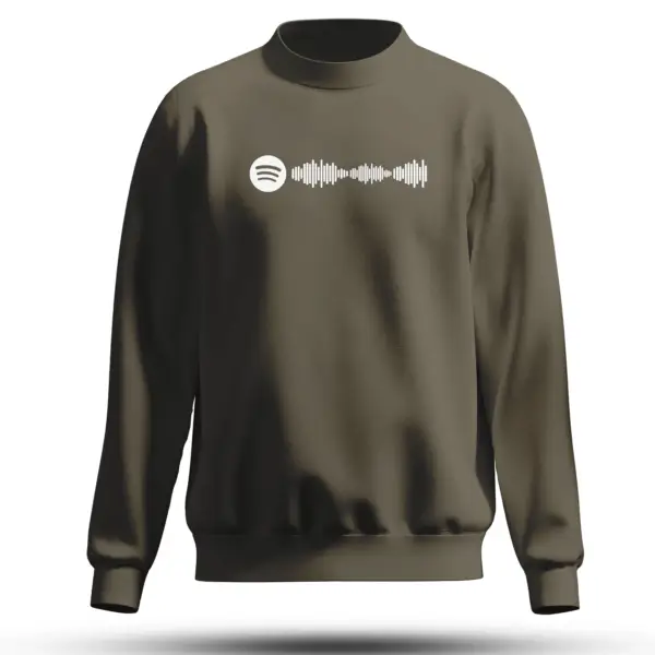 Front view of olive green unisex sweatshirt featuring a white Spotify logo and soundwave print in center – minimalist music-inspired design by Kloch.