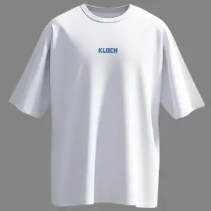 Front view of white oversized KLOCH T-shirt with minimal logo.