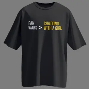 Black oversized t-shirt with "Fan Wars > Chatting with a Girl" printed in white and yellow, inspired by actor Sree Vishnu.