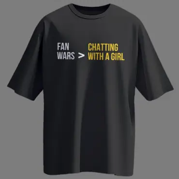 Black oversized t-shirt with "Fan Wars > Chatting with a Girl" printed in white and yellow, inspired by actor Sree Vishnu.