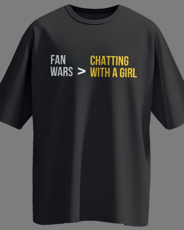 Black oversized t-shirt with "Fan Wars > Chatting with a Girl" printed in white and yellow, inspired by actor Sree Vishnu.